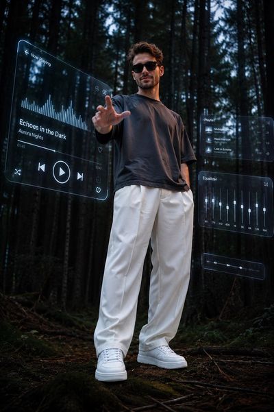 Confident man in dark forest controls futuristic digital music interface.