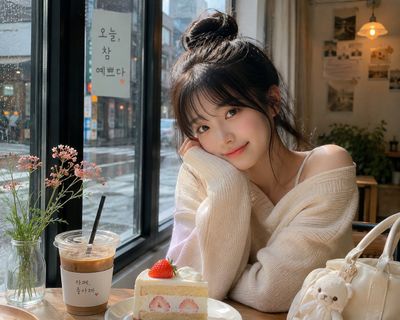 A Korean girl in a cream cardigan enjoys a rainy morning at a cozy café.