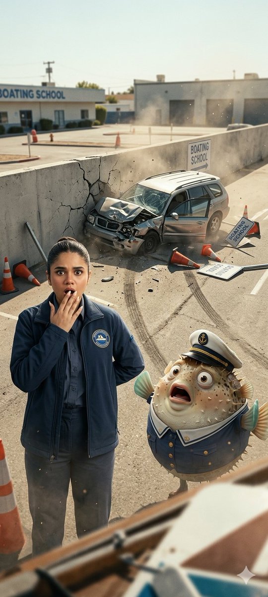 Mrs. Puff and a student stare in shock at a crashed boat-car