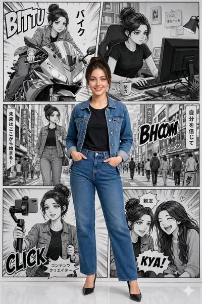 A hyper-realistic woman stands before a chaotic manga background