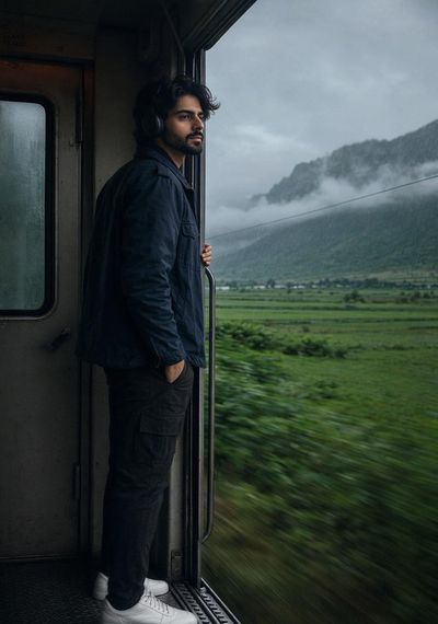 A young man in a navy jacket stands at the train door in the rain.