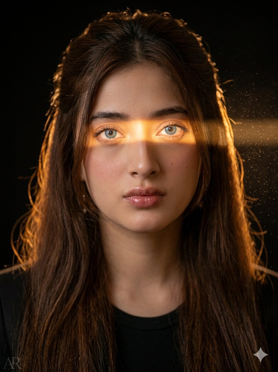 Sunbeam illuminates a young woman's dreamy blue eyes in golden light