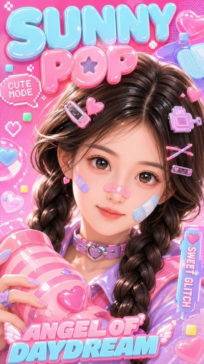 Glossy kawaii girl with twin braids holds a pink striped prop
