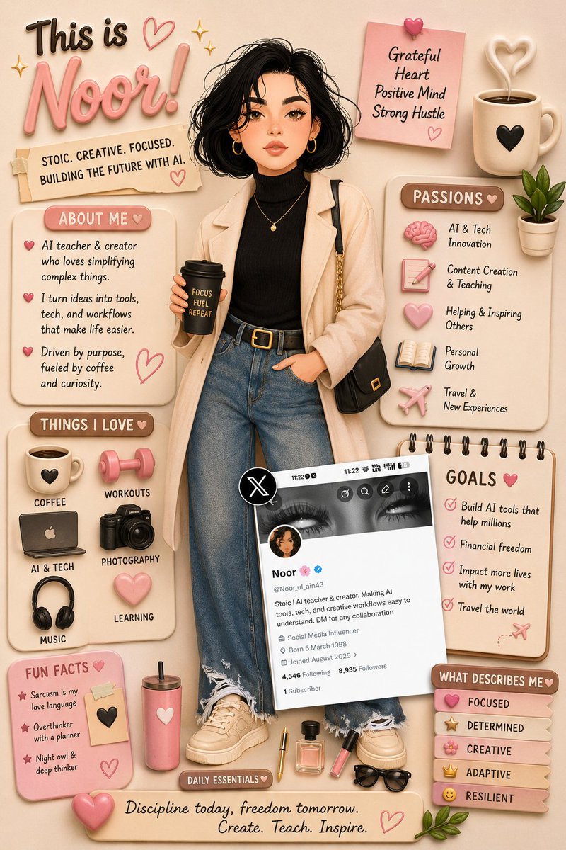 Pastel scrapbook poster shows a stylish girl holding coffee