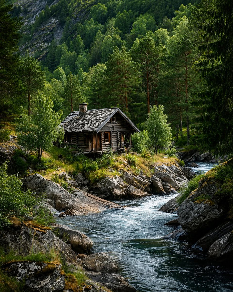 Sunlit cabin nestled beside a crystal-clear mountain stream
