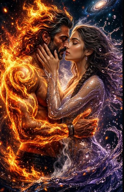 Water Goddess Embraces Fire Titan in Cosmic Fantasy Portrait