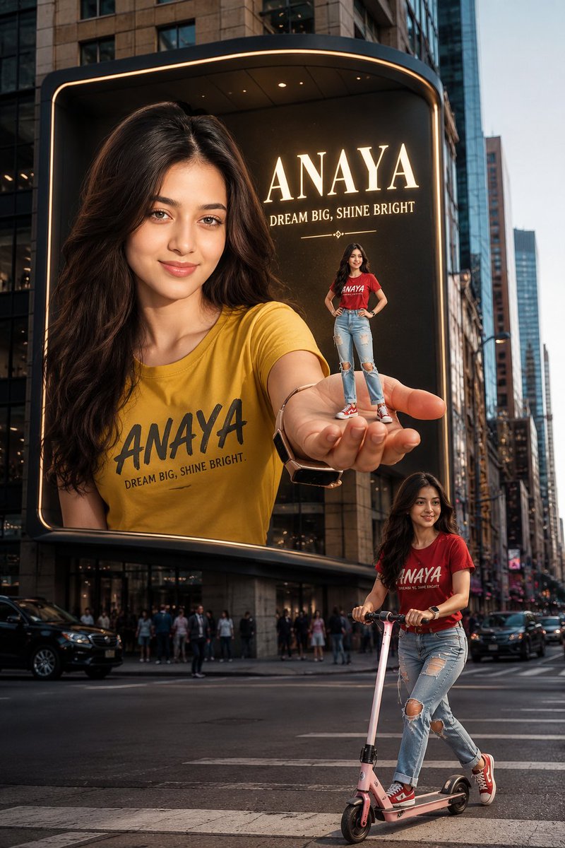 A woman breaks through a billboard holding her miniature self