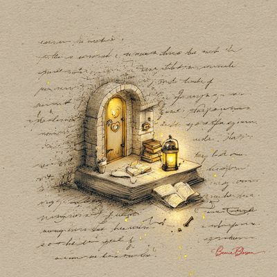 A Cozy, Surreal Reading Nook on Aged Manuscript Paper
