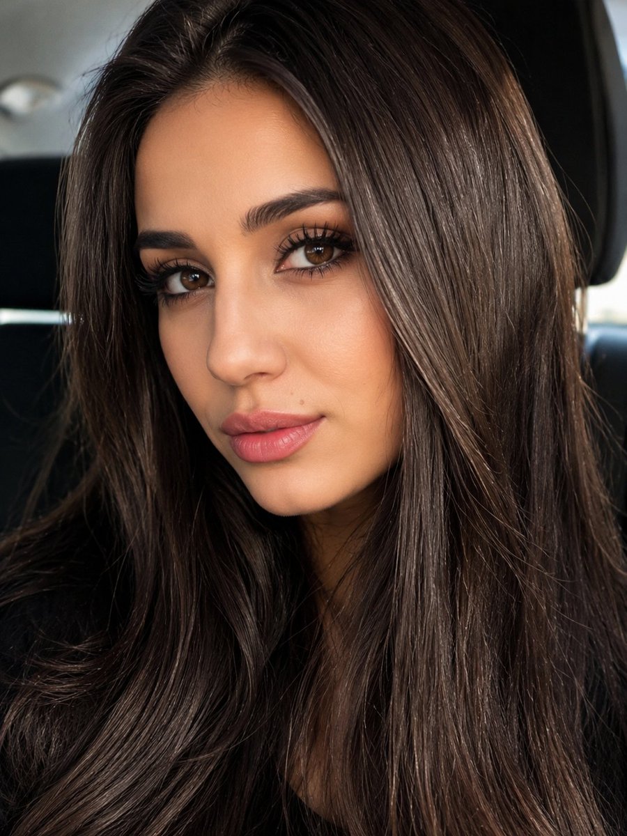 Young woman with glossy dark hair poses confidently in luxury car