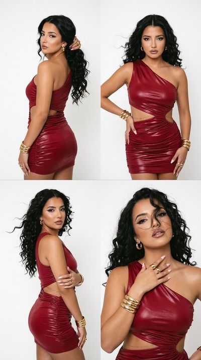 Four editorial poses showcase a woman in a bold red dress