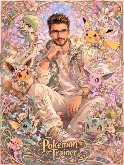 Whimsical Pokémon Trainer in Art Nouveau