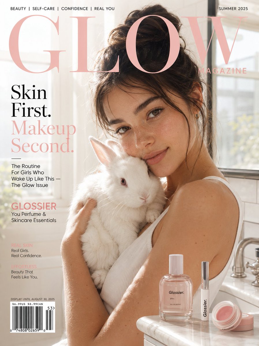 She cradles a white rabbit while morning light kisses her glowing skin.