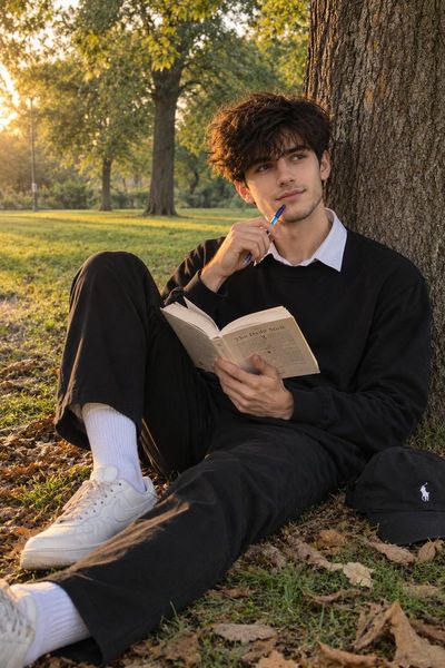 Young man relaxes against tree reading book in golden park light
