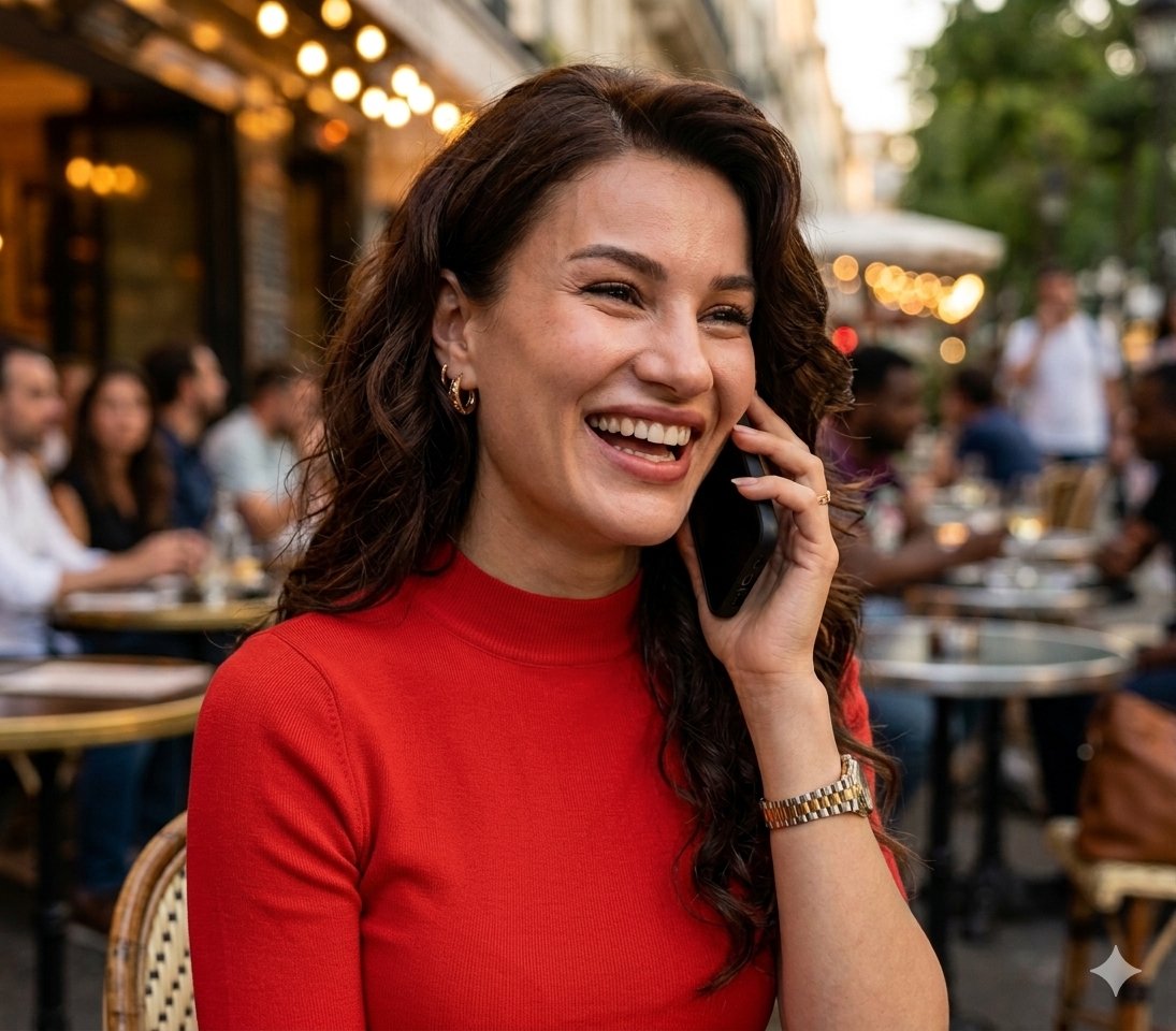 A woman laughs joyfully at a Parisian cafe under warm lights