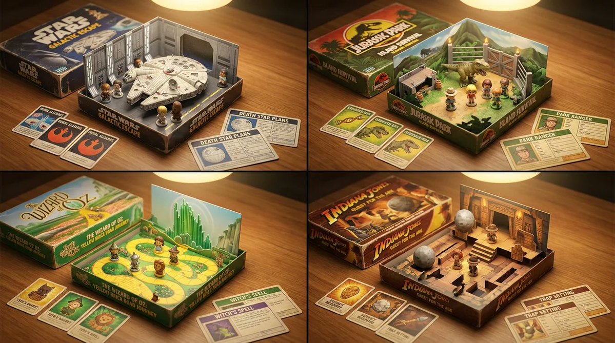 Vintage board game box shows an isometric diorama of a movie scene.