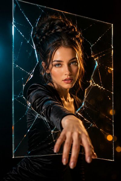 Young woman with braided updo breaks through glass pane