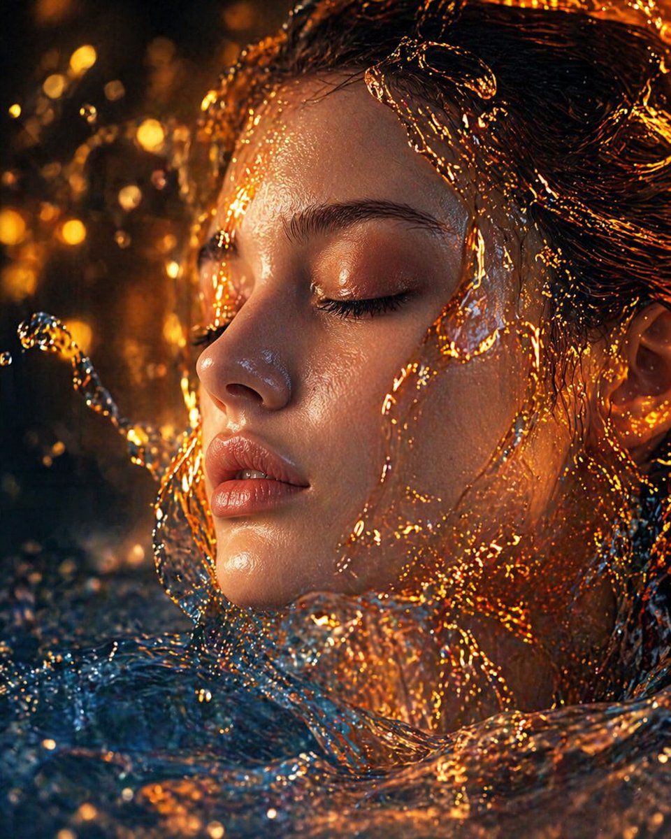 Molten Serenity: Woman Immersed in Gold and Blue Flow
