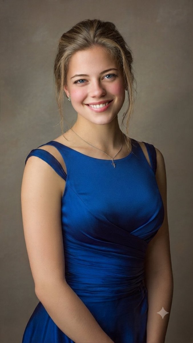 Smiling woman in blue satin gown poses under warm studio lights