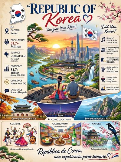 Vintage travel poster shows South Korea's skyline at sunset