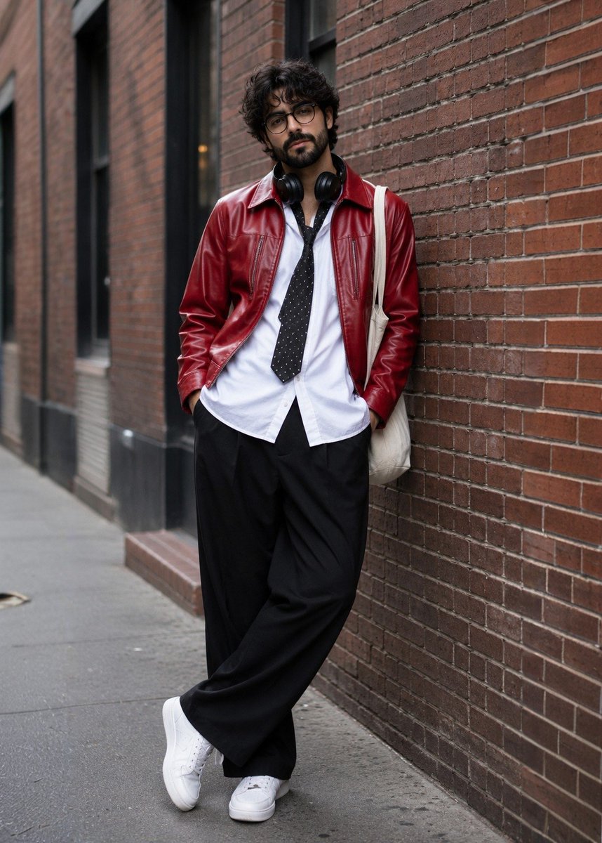 Young man in red leather jacket strikes a pose against brick wall