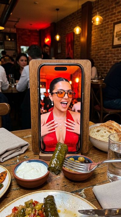A smartphone displays a woman's portrait on a cozy Istanbul table.