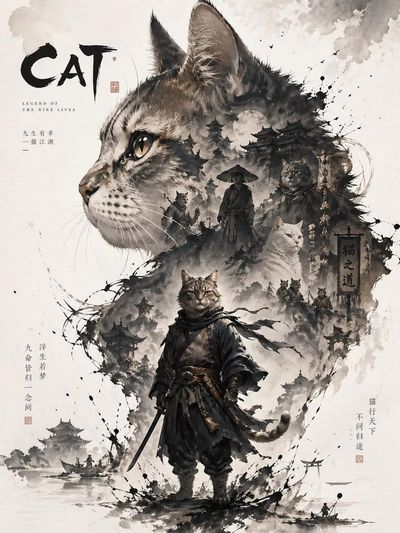 Mystical Cat Silhouette Poster with Layered Narrative