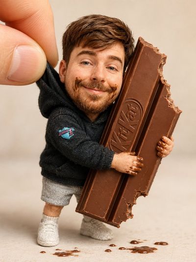 Tiny doll clutches giant KitKat bar with chocolate smudges