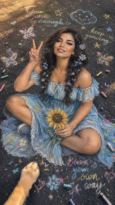 Girl with sunflower and peace sign rendered in chalk on asphalt