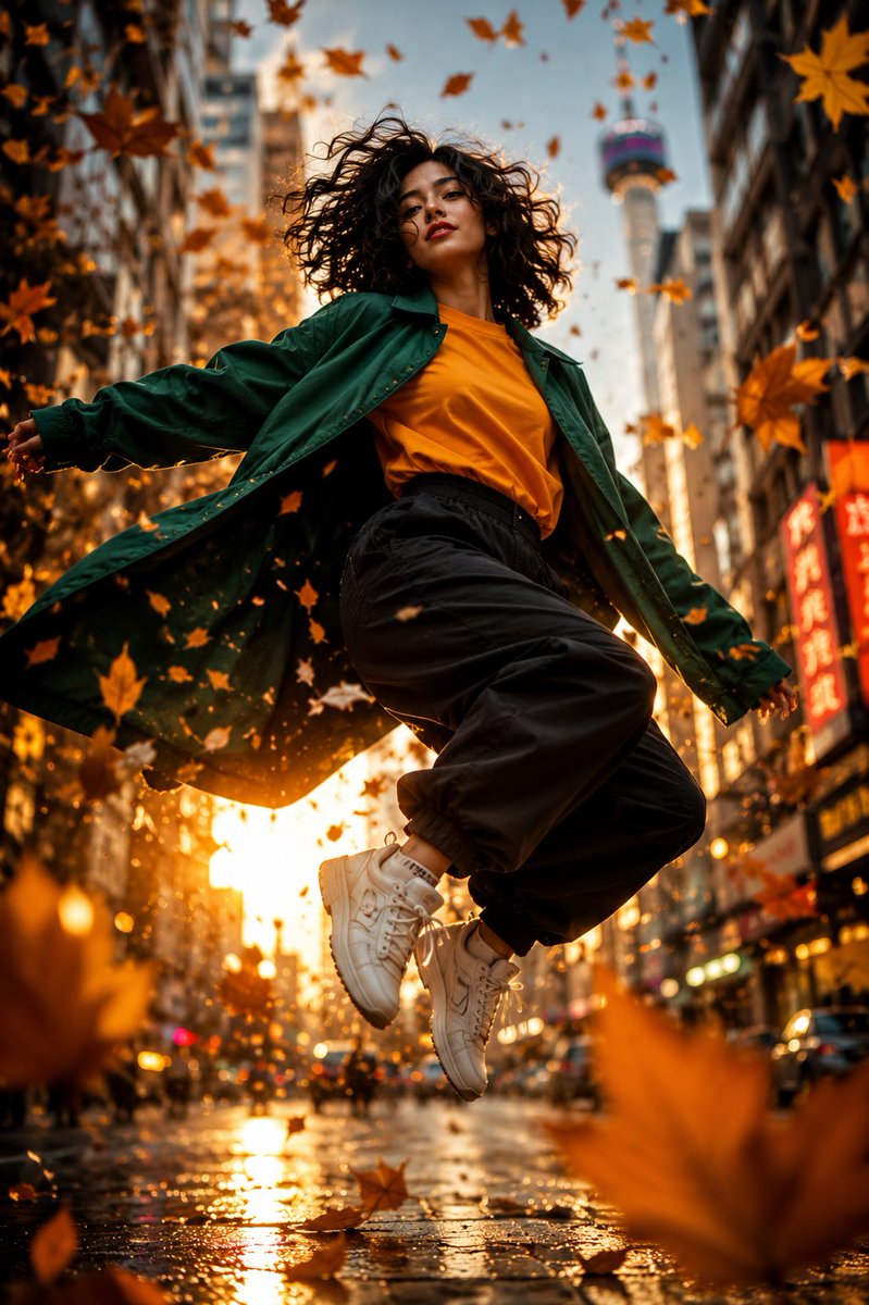 A confident woman walks through a rain-soaked city at golden hour