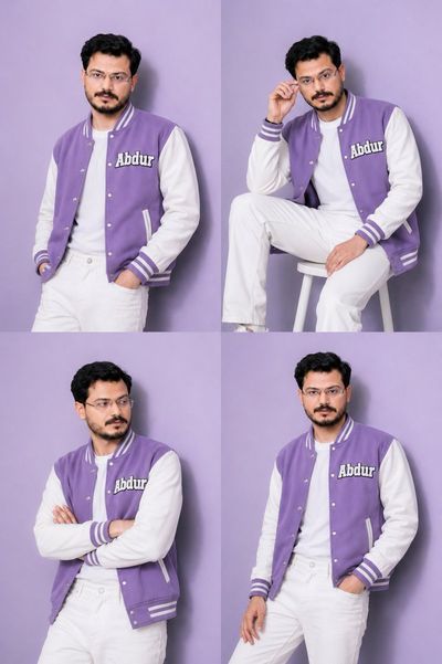 Pastel lavender varsity jacket complements white tee and jeans in studio