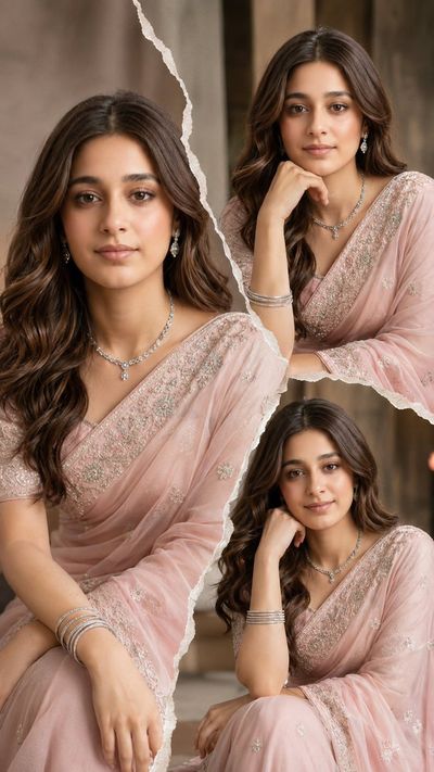 Woman in pink saree poses elegantly in torn paper collage