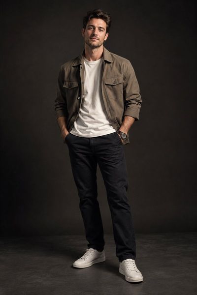 Confident British Man Stands in Understated Studio Portrait