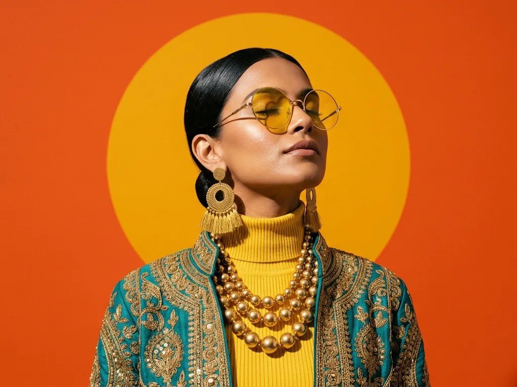 South Asian woman in yellow turtleneck and ornate jacket gazes upward