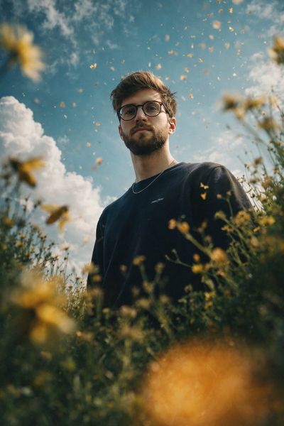 Worm's-Eye View of a Calm Young Man Amid Wildflowers and Bees