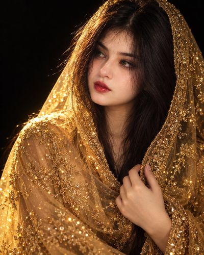 Golden Veil Portrait: Young Woman Bathed in Dramatic Rembrandt Light