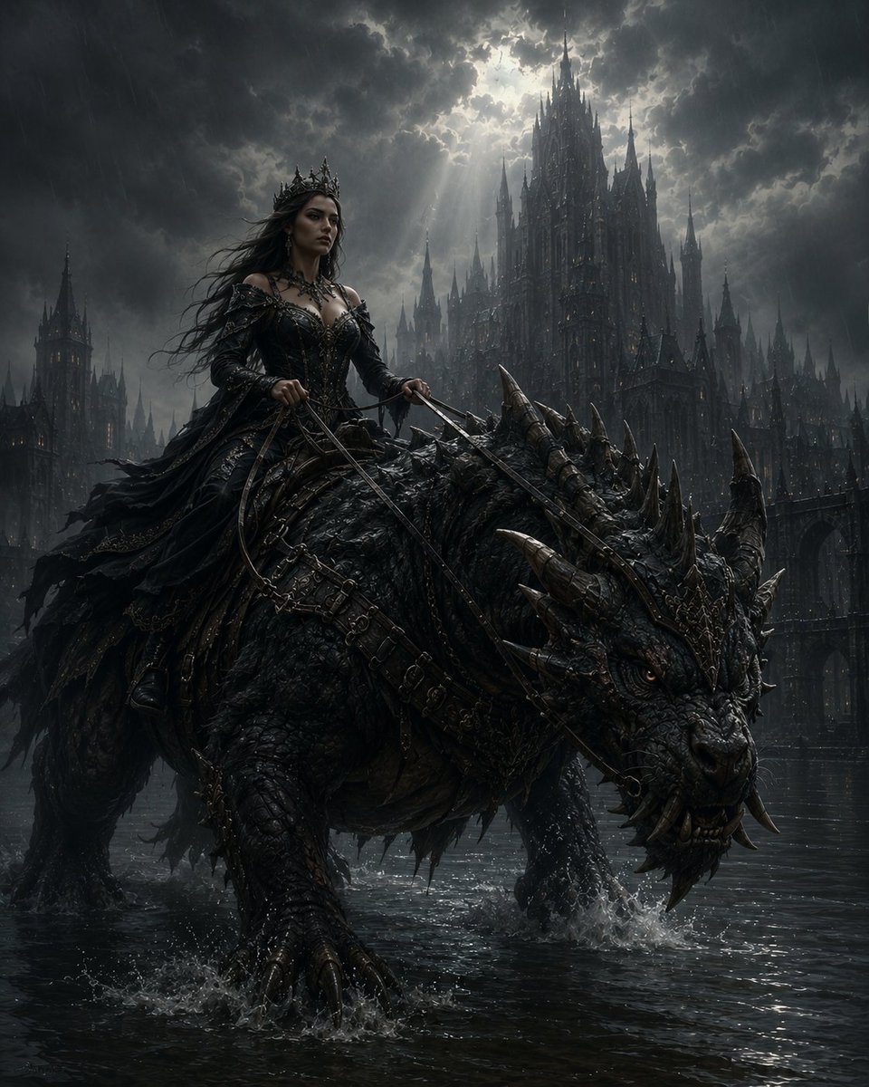 A regal princess rides a scaled beast through stormy waters