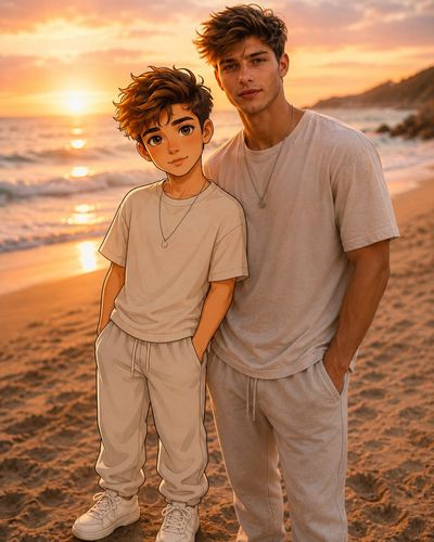 A cute cartoon mini-me poses beside the real person in soft sunlight