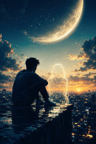 A lonely man sits beneath a giant moon beside a ghostly silhouette