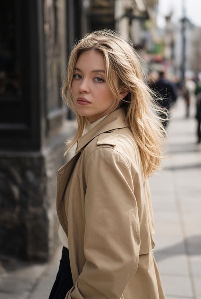 Sydney Sweeney looks back while walking on a sunlit city sidewalk