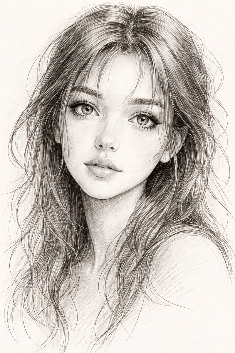 Intricate Pencil Portrait of a Young Woman with Expressive Eyes