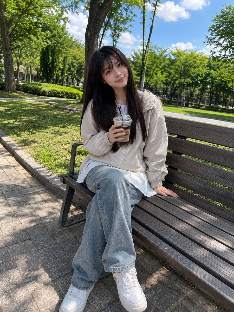 Japanese girl with dark hair smiles while holding iced coffee in park