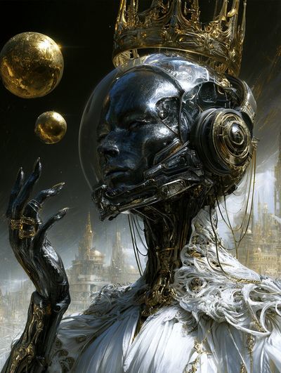 A crowned android queen offers her ringed hand amid golden planets