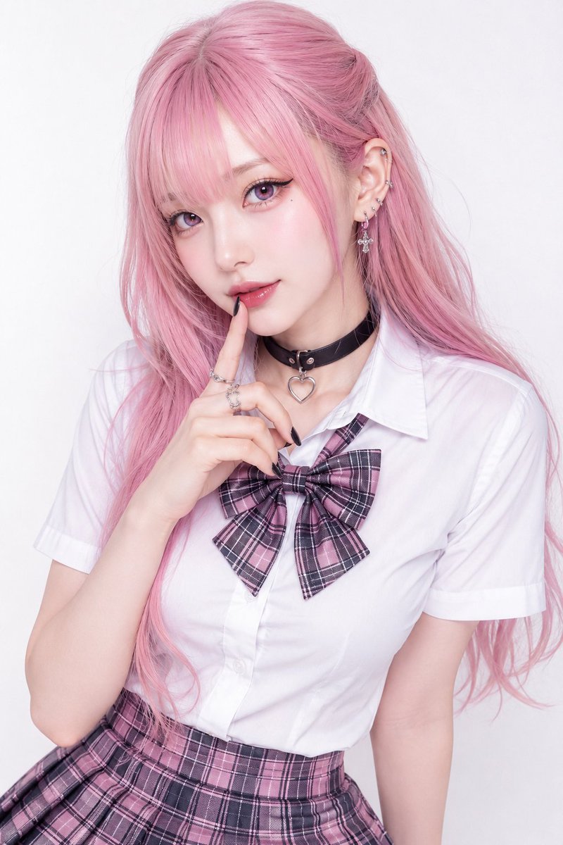 Pastel pink haired woman in plaid skirt poses playfully against white backdrop