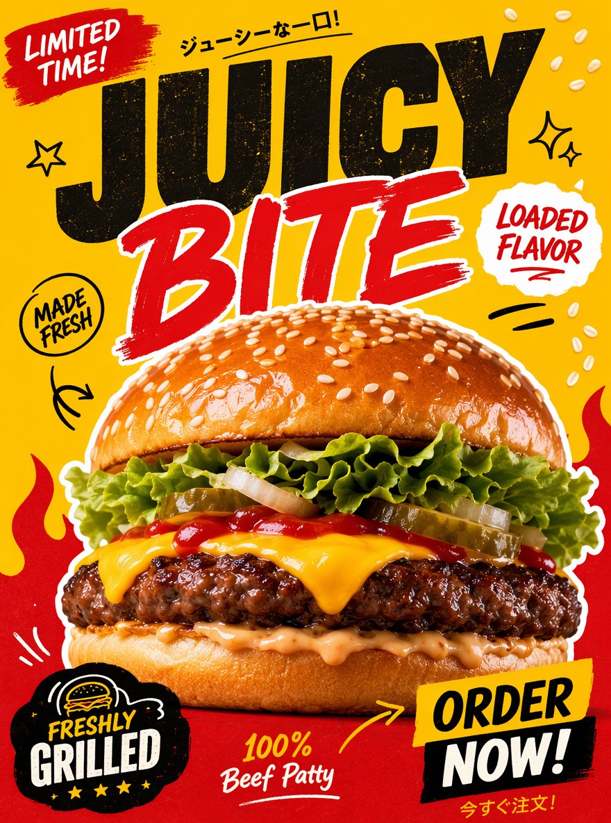 A juicy cheeseburger glows under bright commercial food lighting