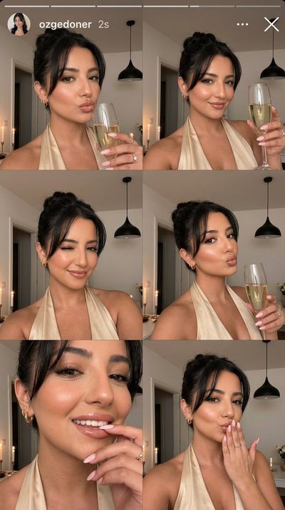 A woman in a champagne satin dress poses for a romantic selfie collage