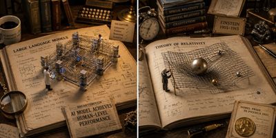An expert figurine inspects a warped spacetime grid in a vintage study.