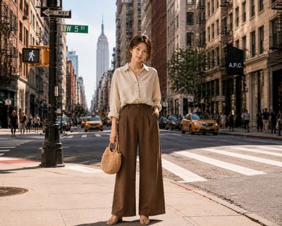 A confident woman in cream linen commands Manhattan's golden afternoon light