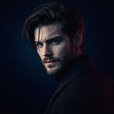A brooding man in a black coat stares intently through dramatic shadows