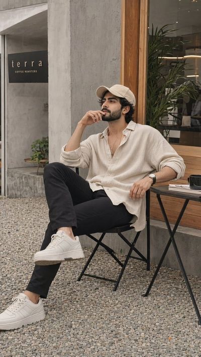 Man in beige shirt relaxes at minimalist café in natural daylight