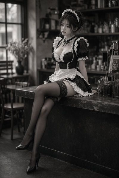 East Asian Beauty in Maid Outfit Sits Cross-Legged on Counter